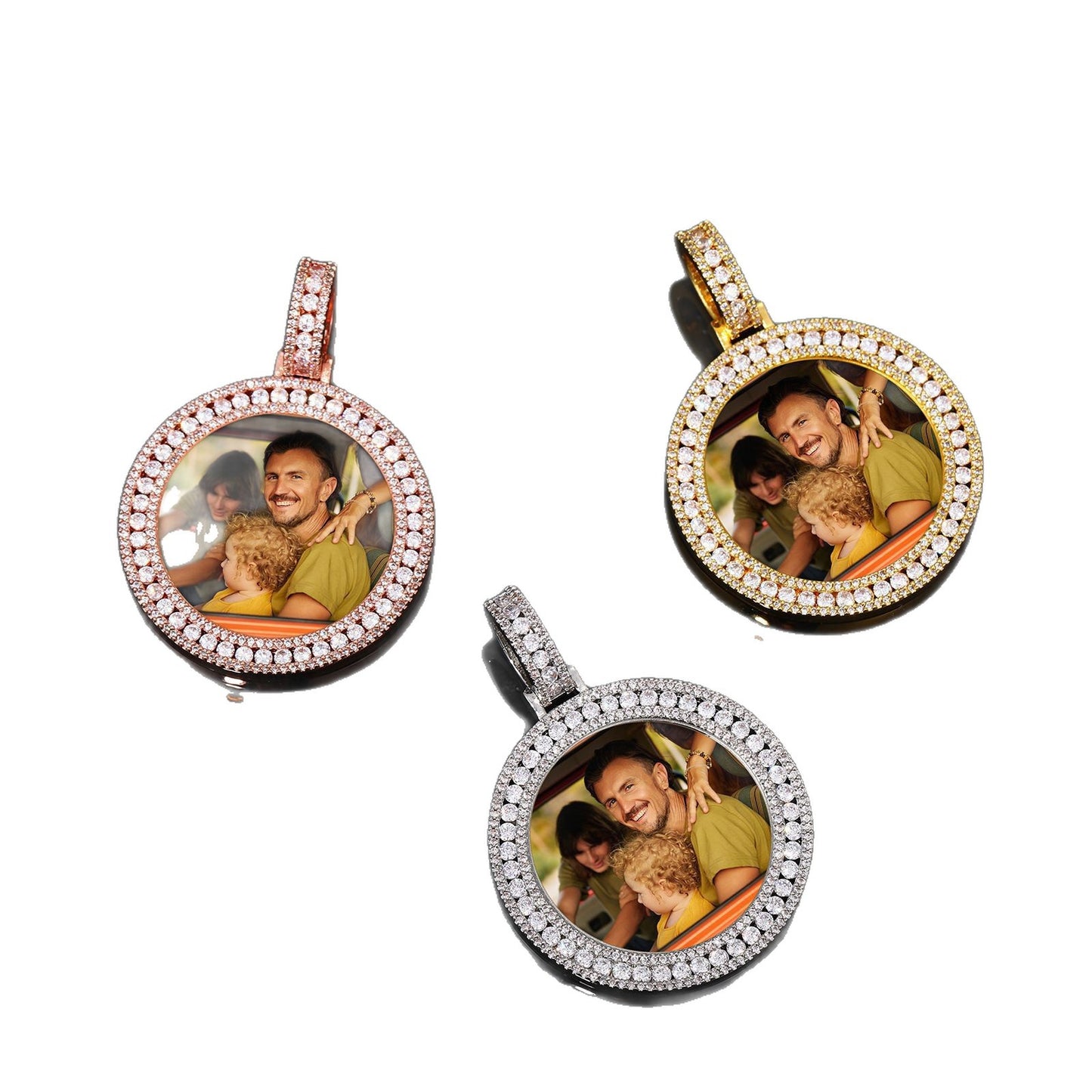 Custom Photo Round Pendant Necklace with Cubic Zirconia Frame and Rope Chain product image