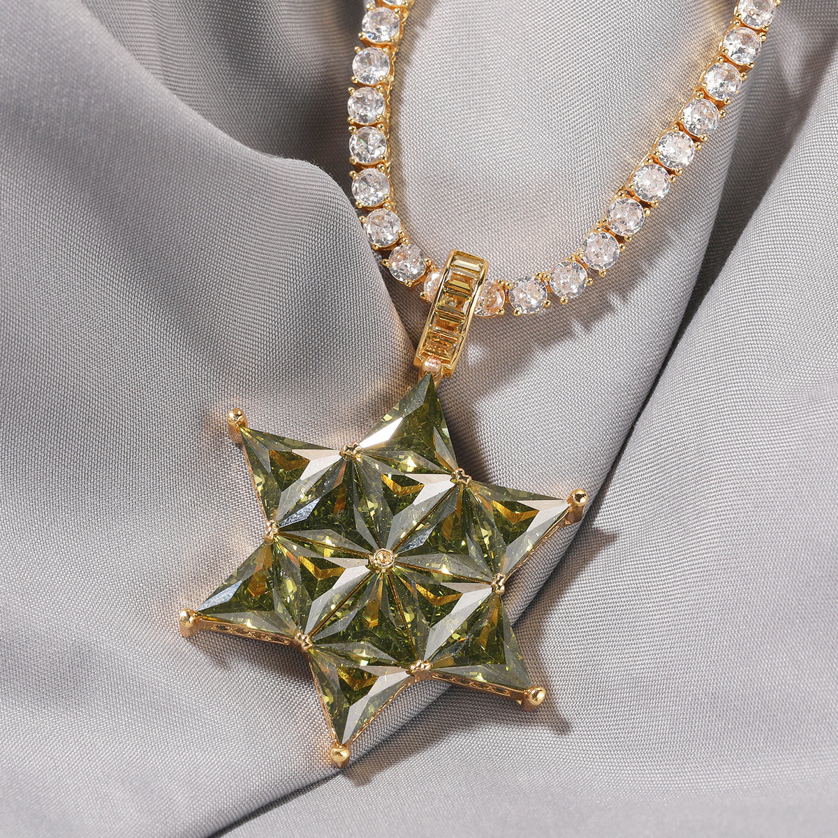 Olive green six-point star CZ pendant necklace close view product image
