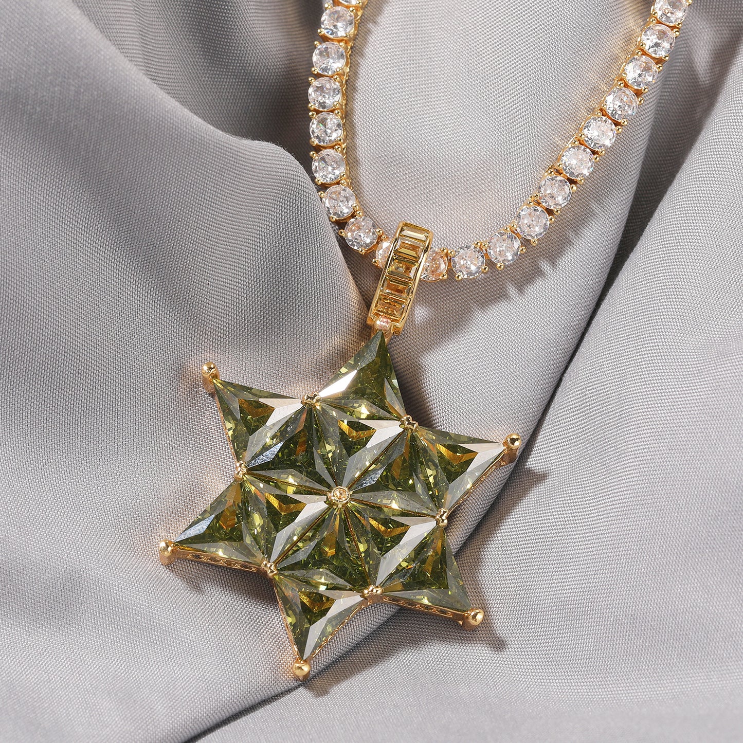 Emerald Green Star Pendant Necklace for Women with Cubic Zirconia Twist Chain, Gold Plated or Silver Plated Statement Necklace