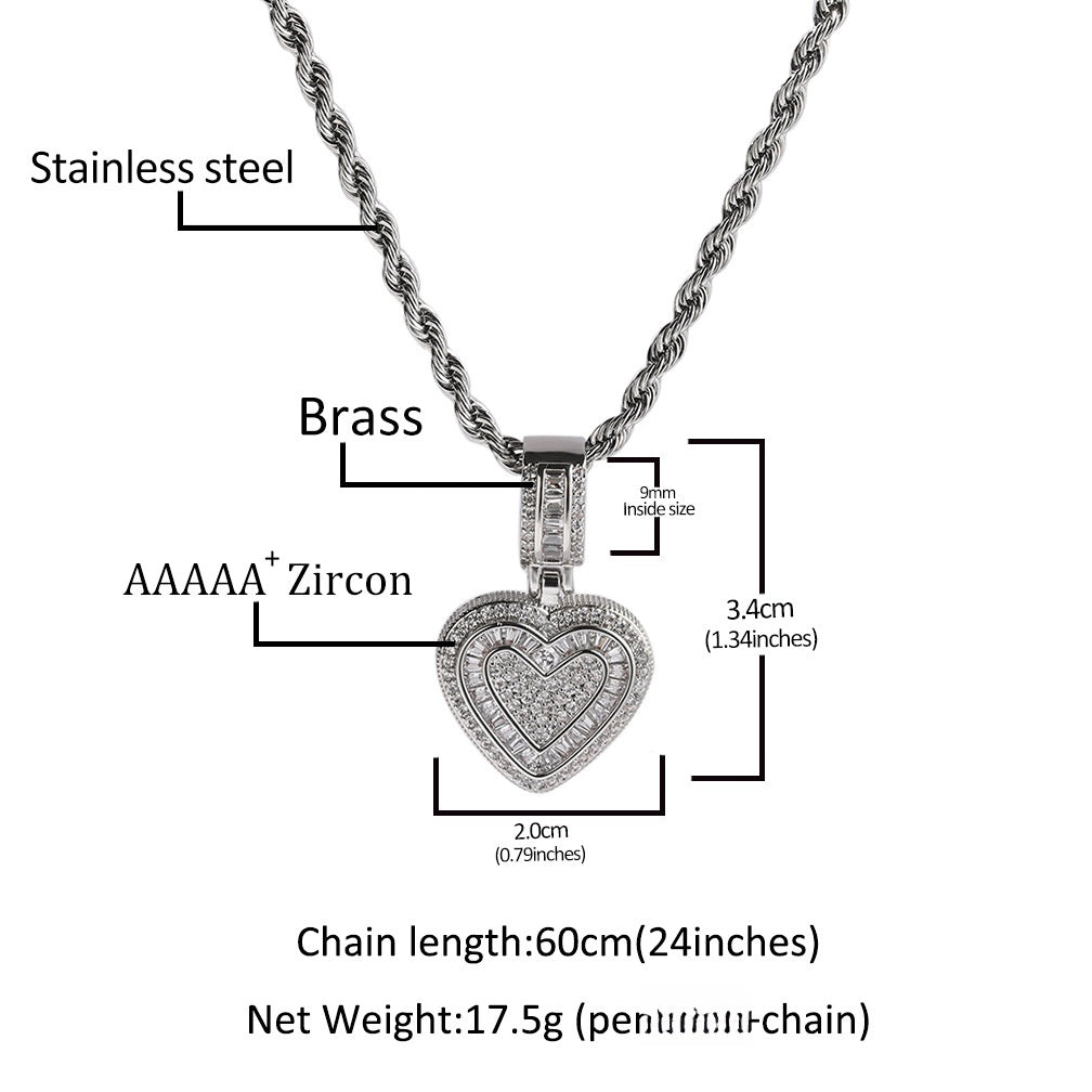Iced Heart Pendant Necklace with Cubic Zirconia Twisted Rope Chain for Women