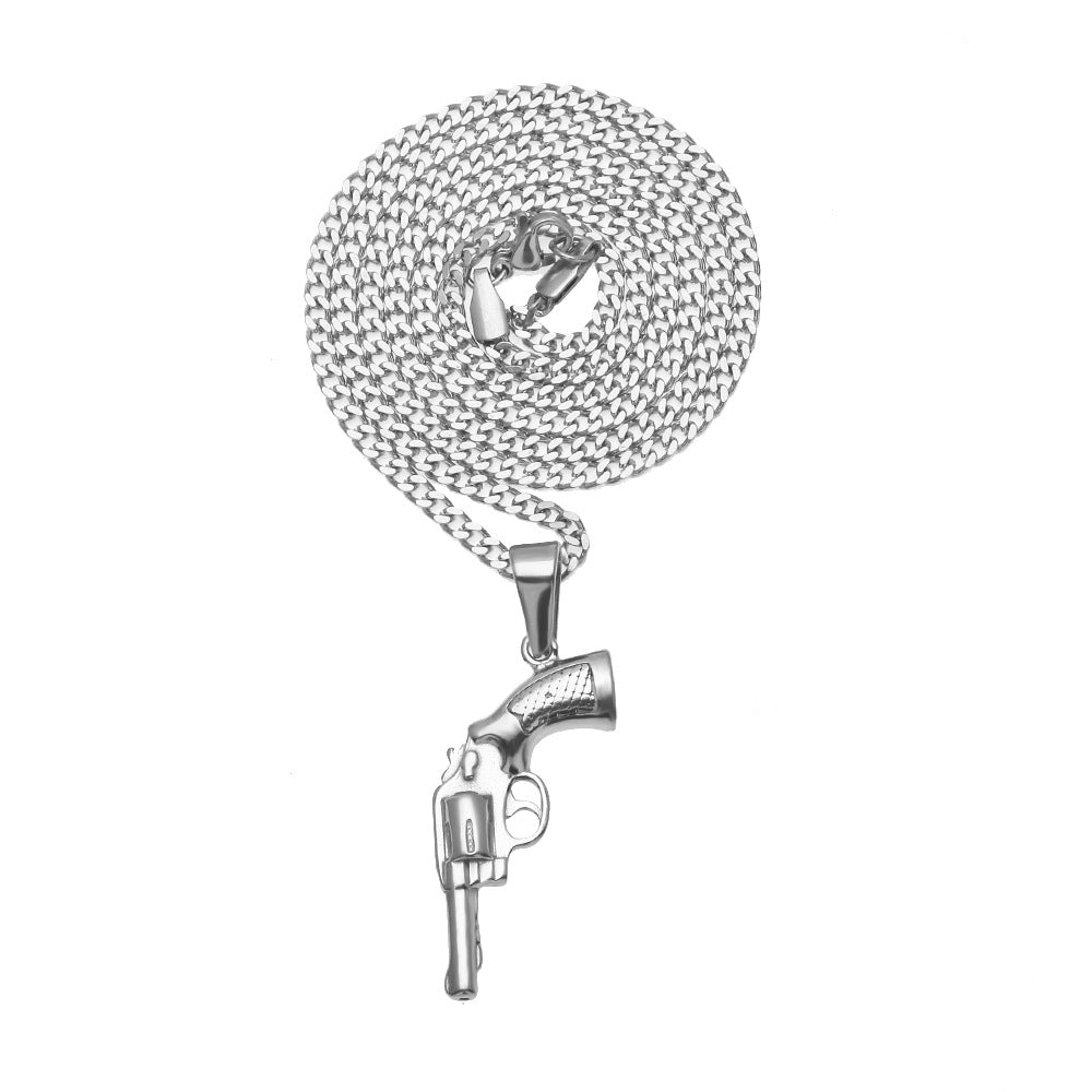 Men’s Stainless Steel Revolver Pendant Necklace with 3mm Cuban Chain in Silver Tone