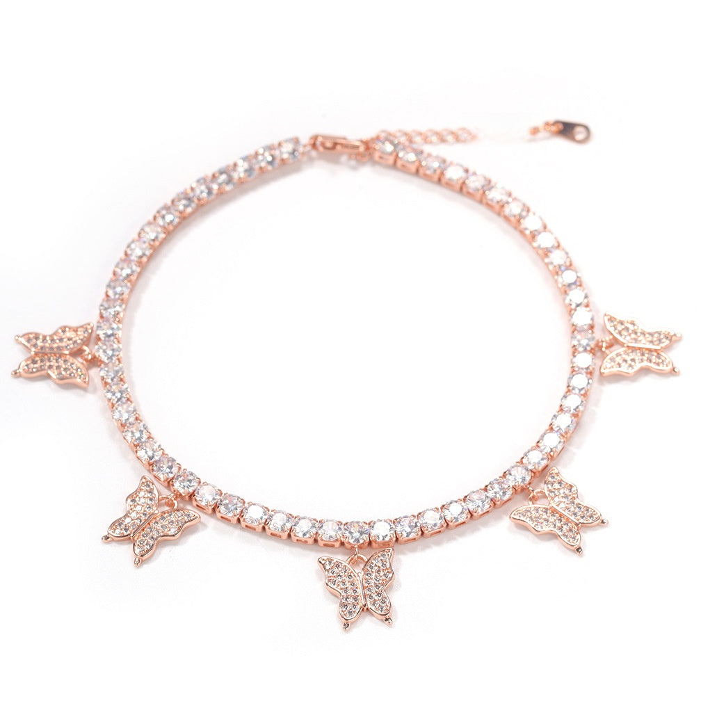 Butterfly Cubic Zirconia Tennis Anklet for Women – 9 Inch Gold, Silver & Rose Gold Copper Chain