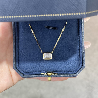 925 Silver Emerald-Cut Moissanite Necklace, Dainty Rectangular Pendant for Layering and Gifting