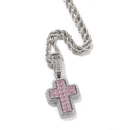Pink Cubic Zirconia Cross Pendant Necklace for Women with Silver-Tone Twisted Chain