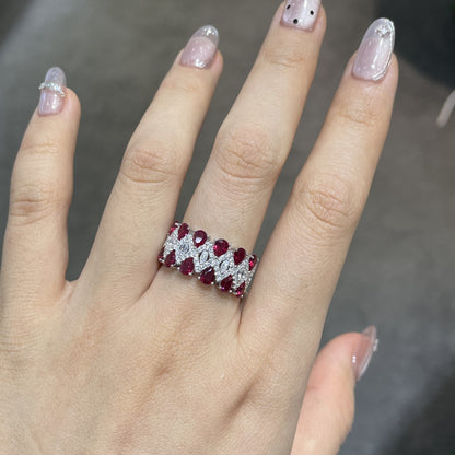 925 Silver Vintage Red Stone Bracelet, Ruby-Tone Wide Band Bangle