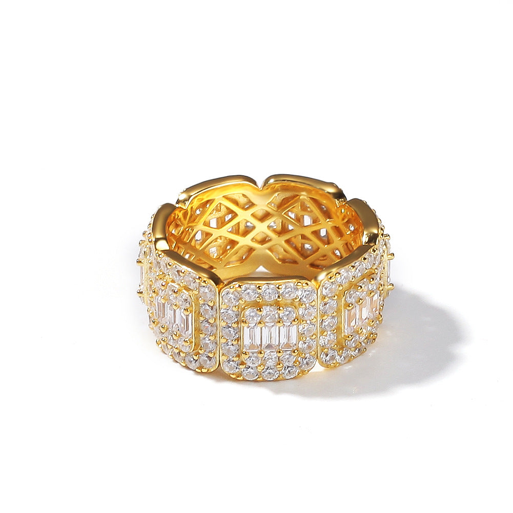 Unisex Iced Out Circular Band Ring with Cubic Zirconia in Gold or Silver Plated, 8mm/10mm Statement Ring