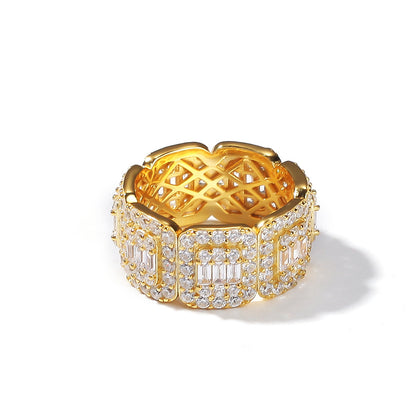 Unisex Iced Out Circular Band Ring with Cubic Zirconia in Gold or Silver Plated, 8mm/10mm Statement Ring