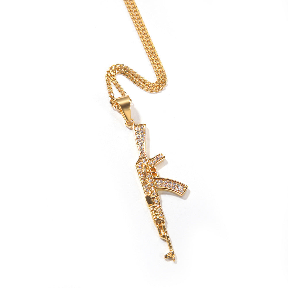 Gold Plated Stainless Steel Statement Pendant Necklace with Cuban Chain - Dagger, Machine Gun, Bow and Arrow, Anchor, Axe Charm Necklace product image