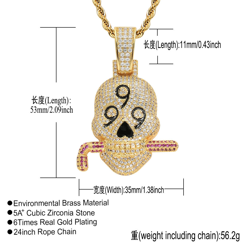 Hip Hop Skull Cubic Zirconia Pendant Necklace for Men and Women