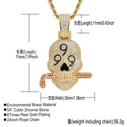 Hip Hop Skull Cubic Zirconia Pendant Necklace for Men and Women