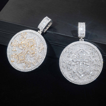 925 Silver Moissanite Cross Disc Pendant Necklace, Hip Hop Streetwear Chain