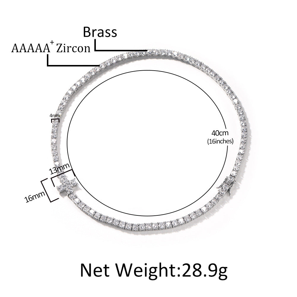 Men’s Silver Plated Cubic Zirconia Cross Chain Necklace Bracelet Set, 4MM Statement Pendant Jewelry