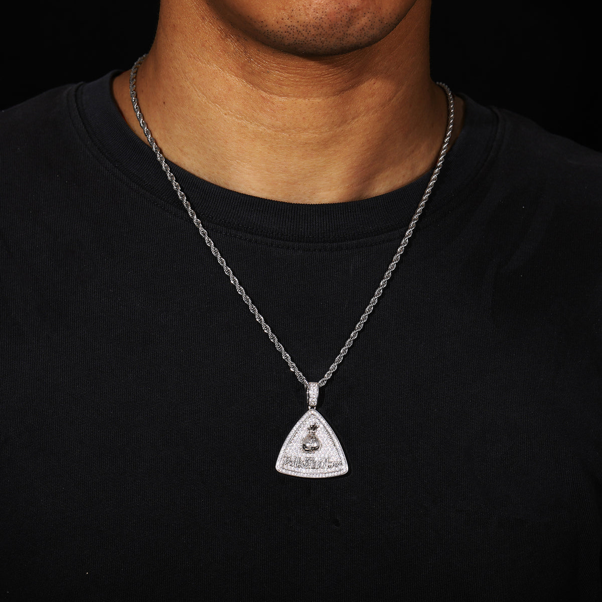 Iced Out Triangle Money Bag Pendant Necklace with Rope Chain product image