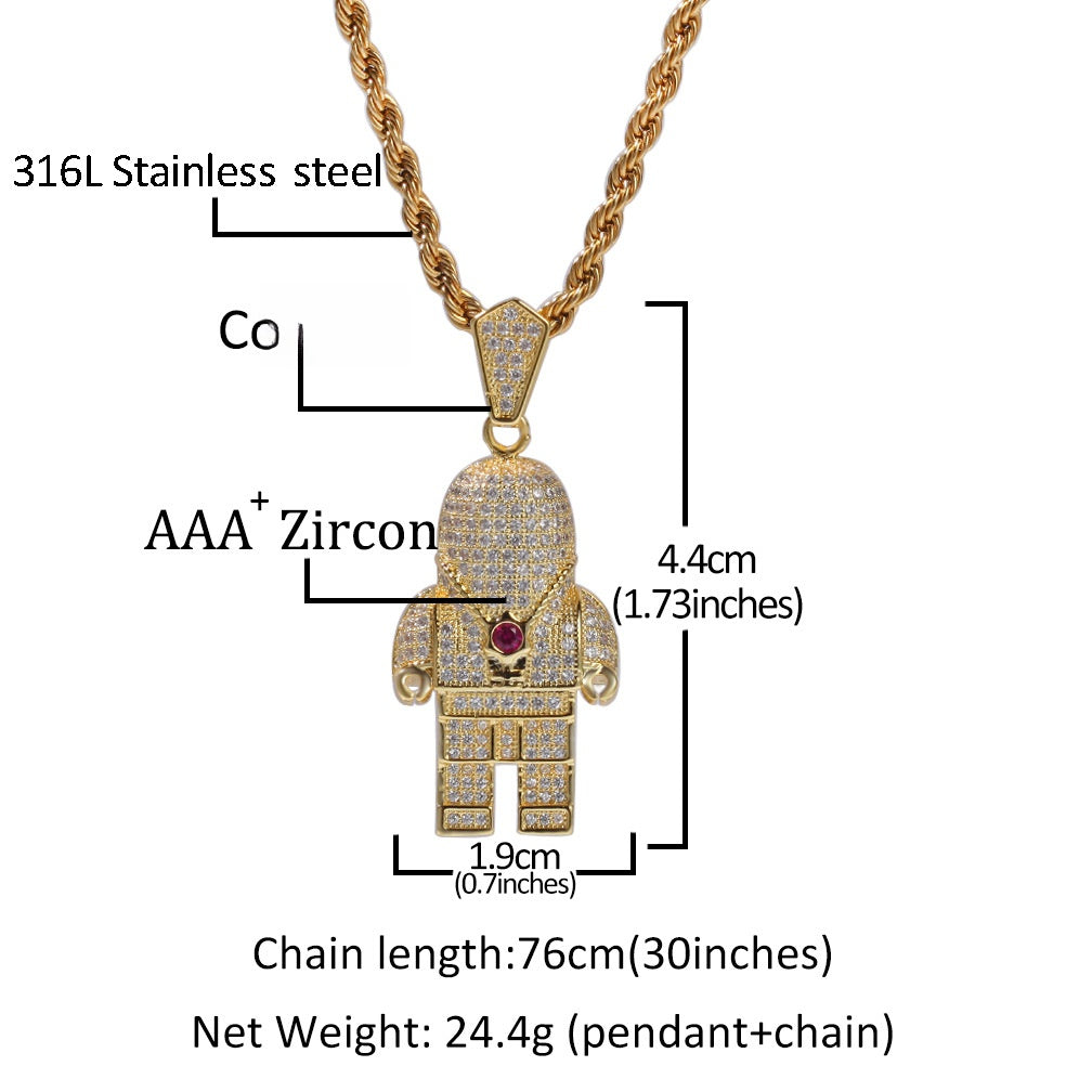 Iced Astronaut Pendant Necklace for Women & Men with Cubic Zirconia Hip Hop Chain in Gold, Silver & Two-Tone