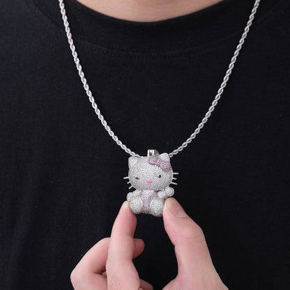 Cartoon Cat Rhinestone Pendant Necklace, Twisted Rope Chain, Cute Women's Jewelry