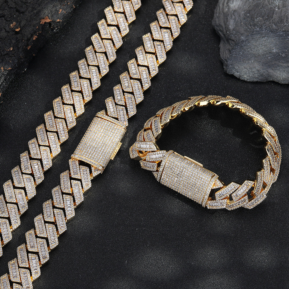 Cuban Link Chain Bracelet Necklace, Iced Zircon Link Jewelry, Unisex 15mm/20mm