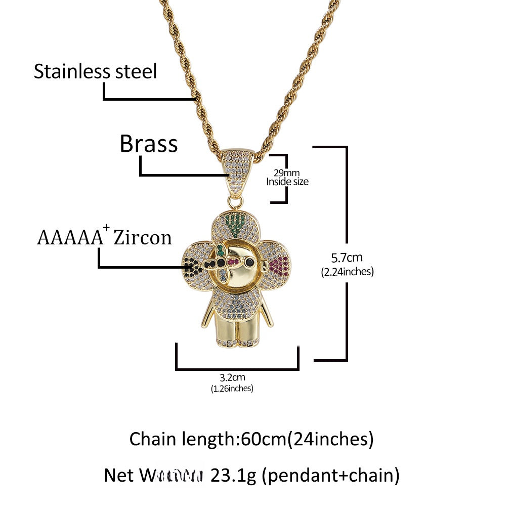 Hip Hop Flower Character Pendant Necklace with Cubic Zirconia Rope Chain for Women