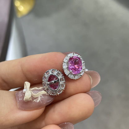 925 Silver Oval Pink Sapphire Halo Stud Earrings
