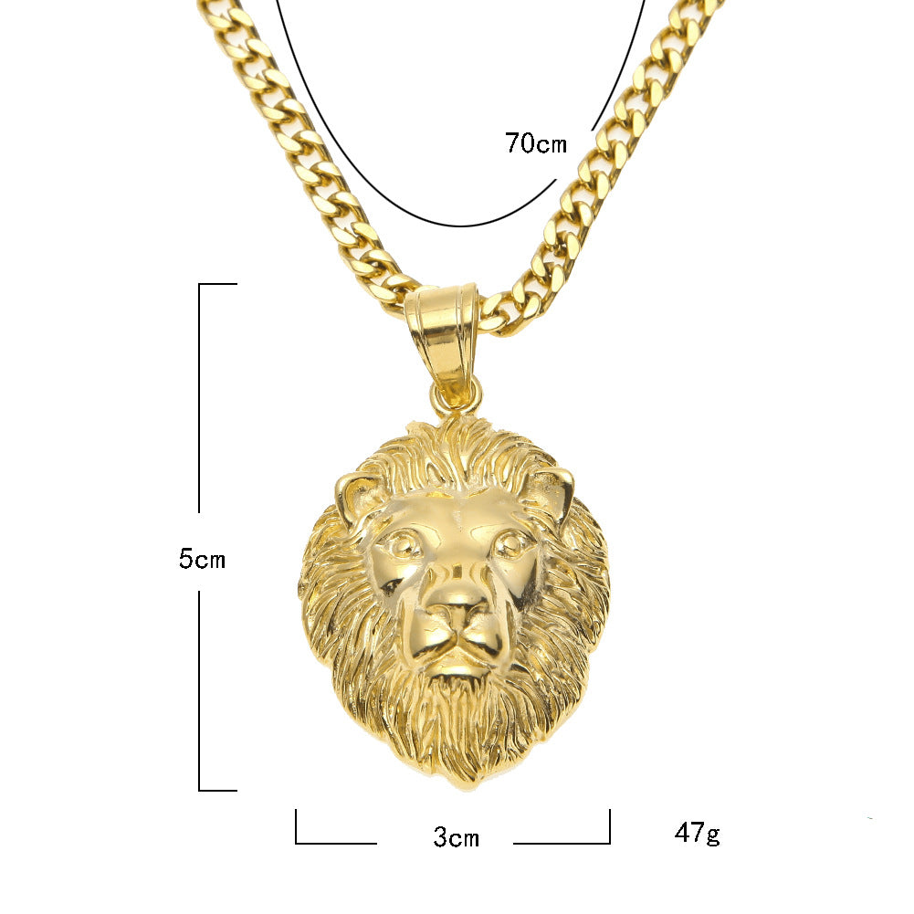 Gold Plated Stainless Steel Lion Head Pendant Necklace with 5mm Cuban Chain