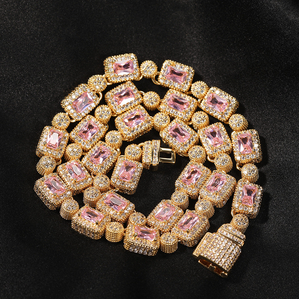 Unisex Iced Out Rectangle Cubic Zirconia Necklace – Gold or Silver Tone Pink/White Stone Chain, 16/18/20 Inch product image