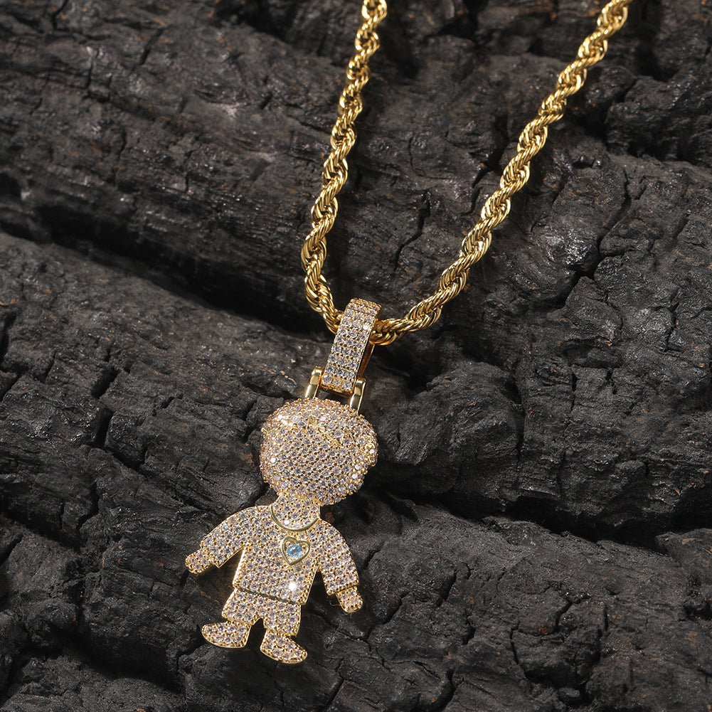 Iced Cartoon Boy & Girl Pendant Necklace with Cubic Zirconia Twisted Chain