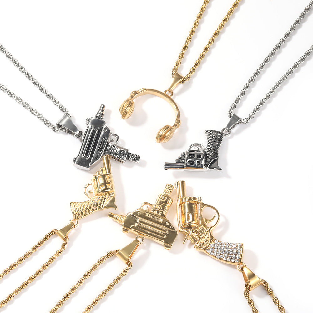 Stainless Steel Hip Hop Pendant Necklace with Cuban Chain - Headphones, Mini Pistol, Submachine Pendant in Gold or Silver Tone