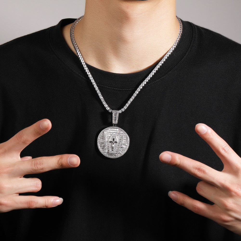 Iced Round Pendant Necklace with 24 Inch Twist Chain for Women and Men, Gold Plated or Silver Plated Statement Hip Hop Chain