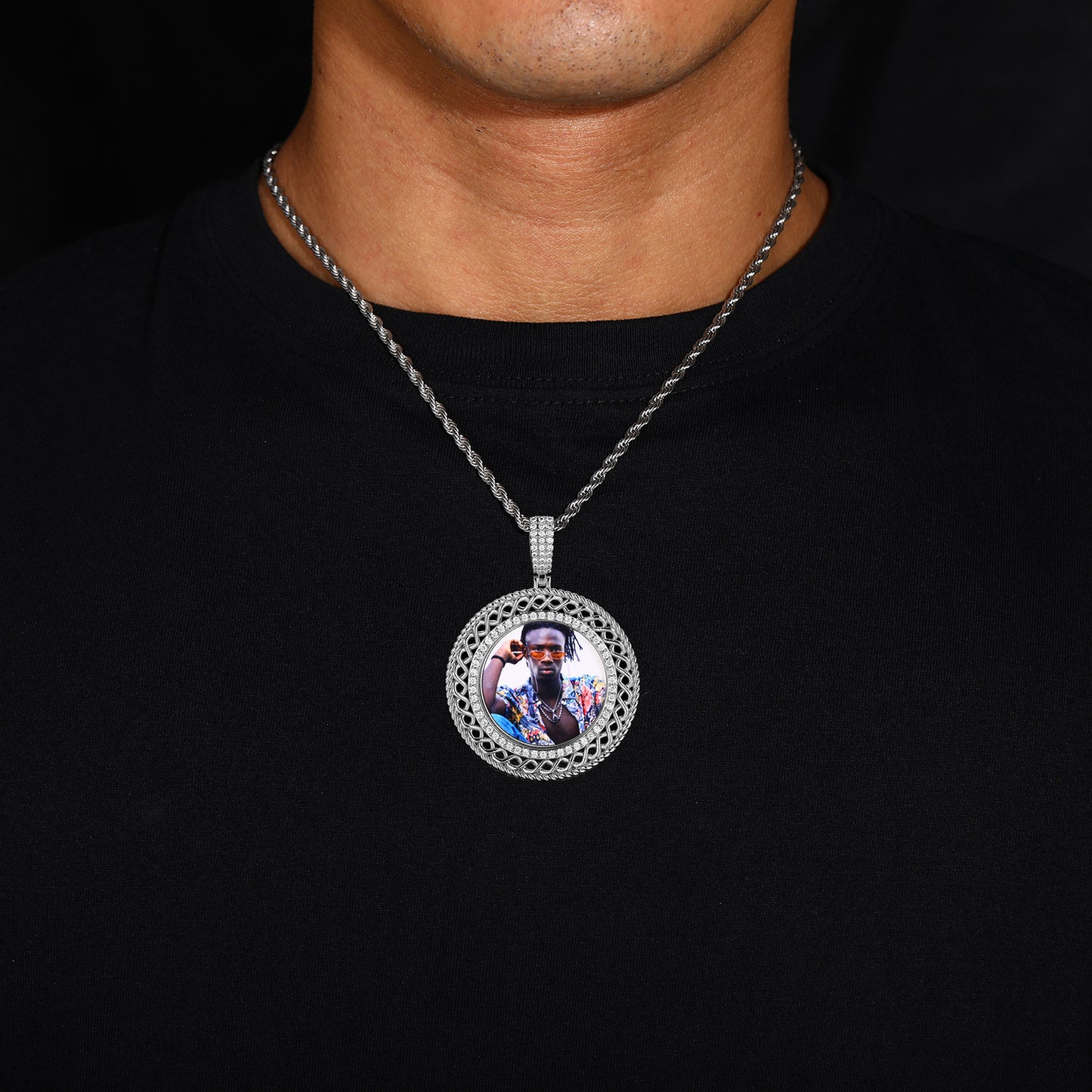 Iced Out Round Portrait Pendant Necklace with Rope Chain for Men and Women product image