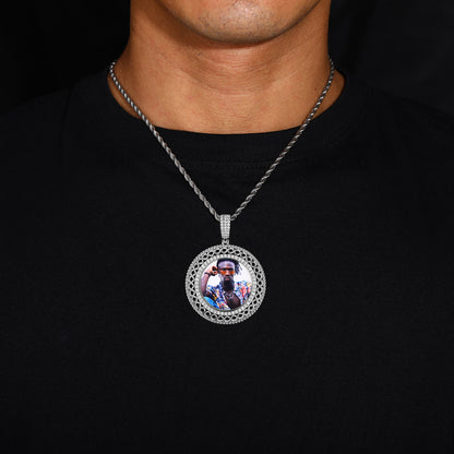 Iced Out Round Portrait Pendant Necklace with Rope Chain for Men and Women