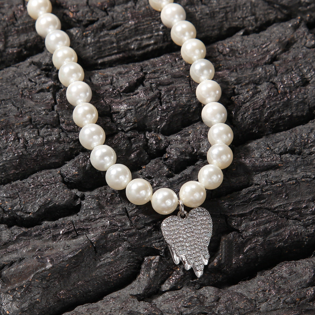 Unisex Pearl Chain Necklace with Cubic Zirconia Heart Pendant - Trendy Statement Pearl Necklace