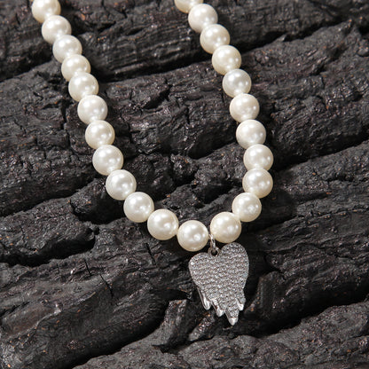 Unisex Pearl Chain Necklace with Cubic Zirconia Heart Pendant - Trendy Statement Pearl Necklace