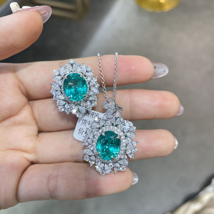 Teal Green Floral Pendant Necklace Set with Matching Earrings
