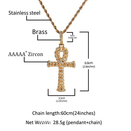 Iced Cross Pendant Necklace with Cubic Zirconia Twisted Chain, Gold Tone Statement Hip Hop Necklace