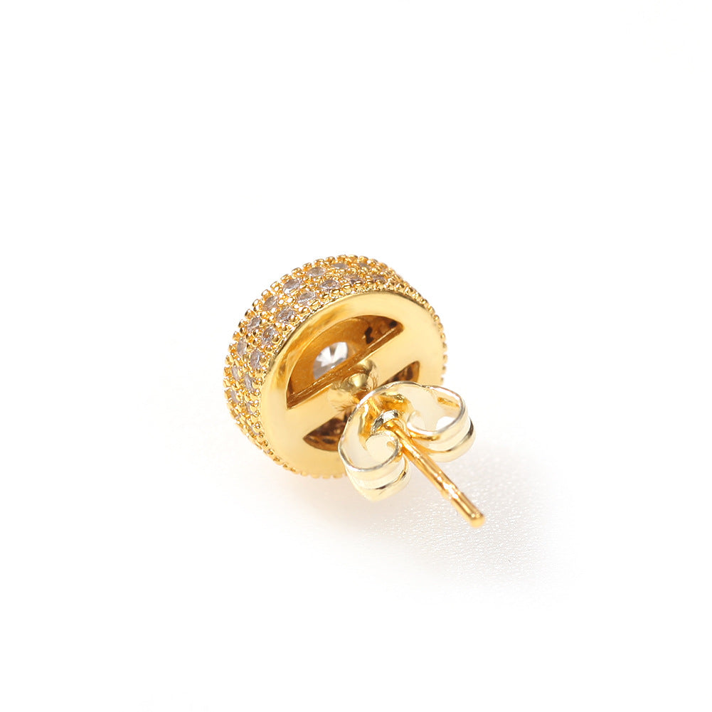 Unisex Round Cubic Zirconia Stud Earrings in Gold or Silver Tone - Hip Hop Statement Earrings