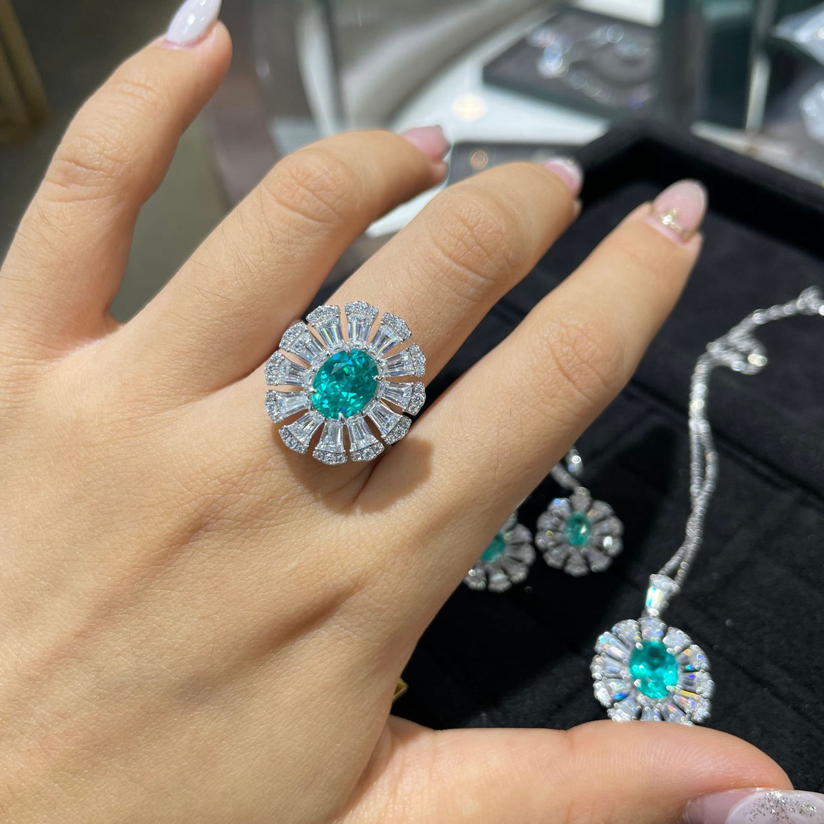 Teal Flower Jewelry Set, Matching Earrings, Ring and Pendant Necklace product image