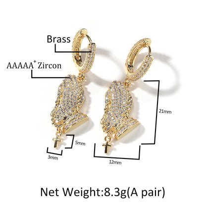 Iced Praying Hands Hoop Earrings for Women and Men – Gold Plated or Silver Plated Hip Hop Statement Earrings