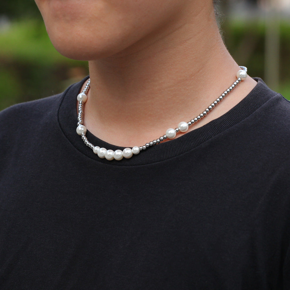 Unisex Layered Pearl Chain Necklace – Trendy Statement Pendant Necklace in Silver-Plated Line Design product image