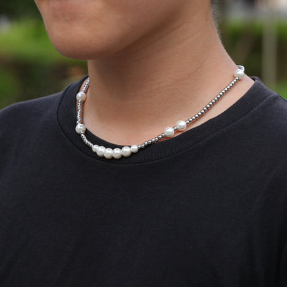Unisex Layered Pearl Chain Necklace – Trendy Statement Pendant Necklace in Silver-Plated Line Design