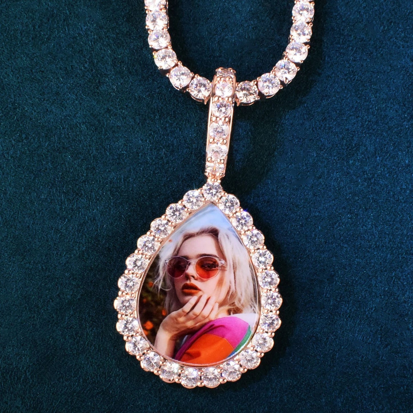 Unisex Iced Teardrop Photo Pendant Necklace
