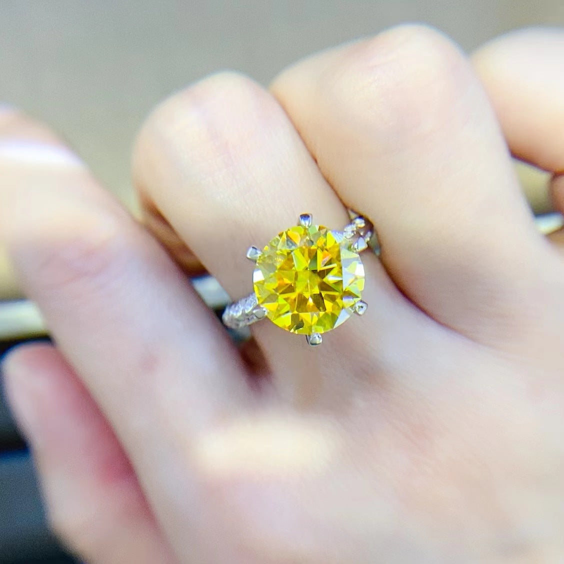 5 Carat Yellow Moissanite Ring for Women, Oval Cut Halo Style Engagement Ring with Pavé Band product image
