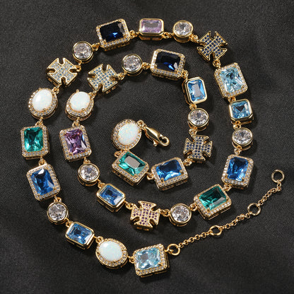 Unisex Geometric Crystal Chain Necklace & Bracelet Set in Gold or Silver Tone