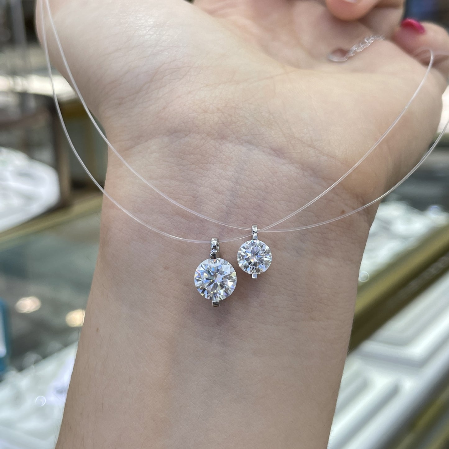 Invisible Line Double Round Pendant Necklace, Clear Sparkle, S925 Silver product image