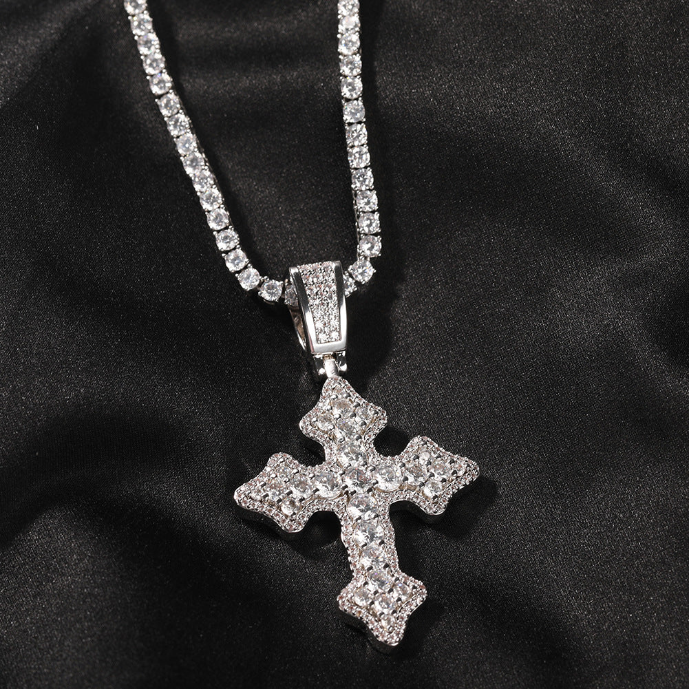 Iced Cross Pendant Necklace with Cubic Zirconia Stainless Steel Cuban Chain for Women & Men