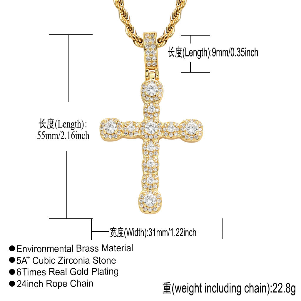 Light Luxury Cross Iced Link Cubic Zirconia Pendant Necklace for Men and Women