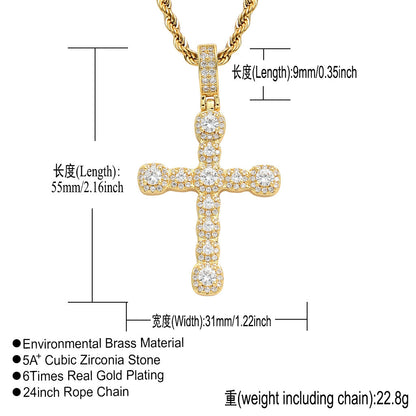 Light Luxury Cross Iced Link Cubic Zirconia Pendant Necklace for Men and Women