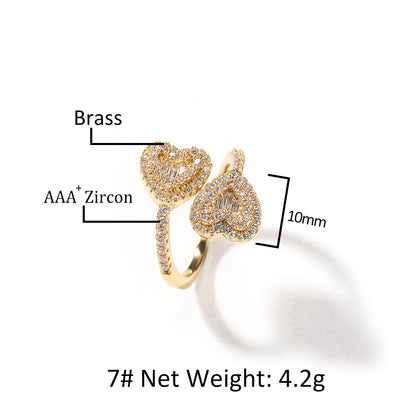 Unisex Double Heart Open Ring with Cubic Zirconia in Gold, Silver & Rose Gold