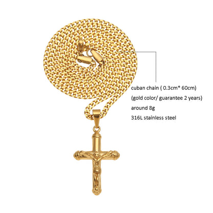 Gold Plated Stainless Steel Cross Pendant Necklace for Men with 3mm Cuban Chain