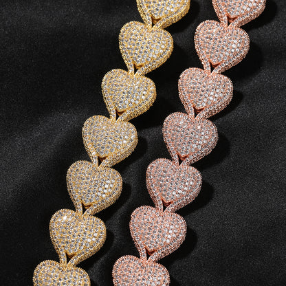 Iced Heart Chain Bracelet for Women & Couples – Gold, Silver, Rose Gold Statement Link Bracelet