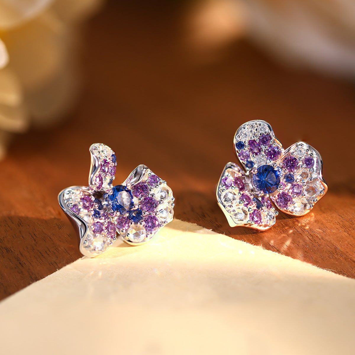 Irregular Flower Stud Earrings, Blue Crystal, S925 18K Plated product image