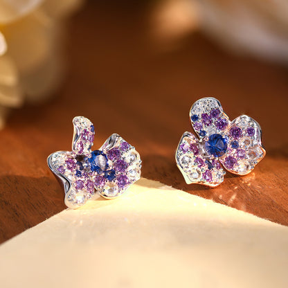 Irregular Flower Stud Earrings, Blue Crystal, S925 18K Plated